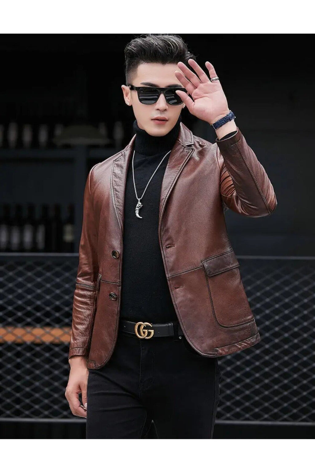 Deri ceket kapaklı torba cepli karartmalı kahve renk