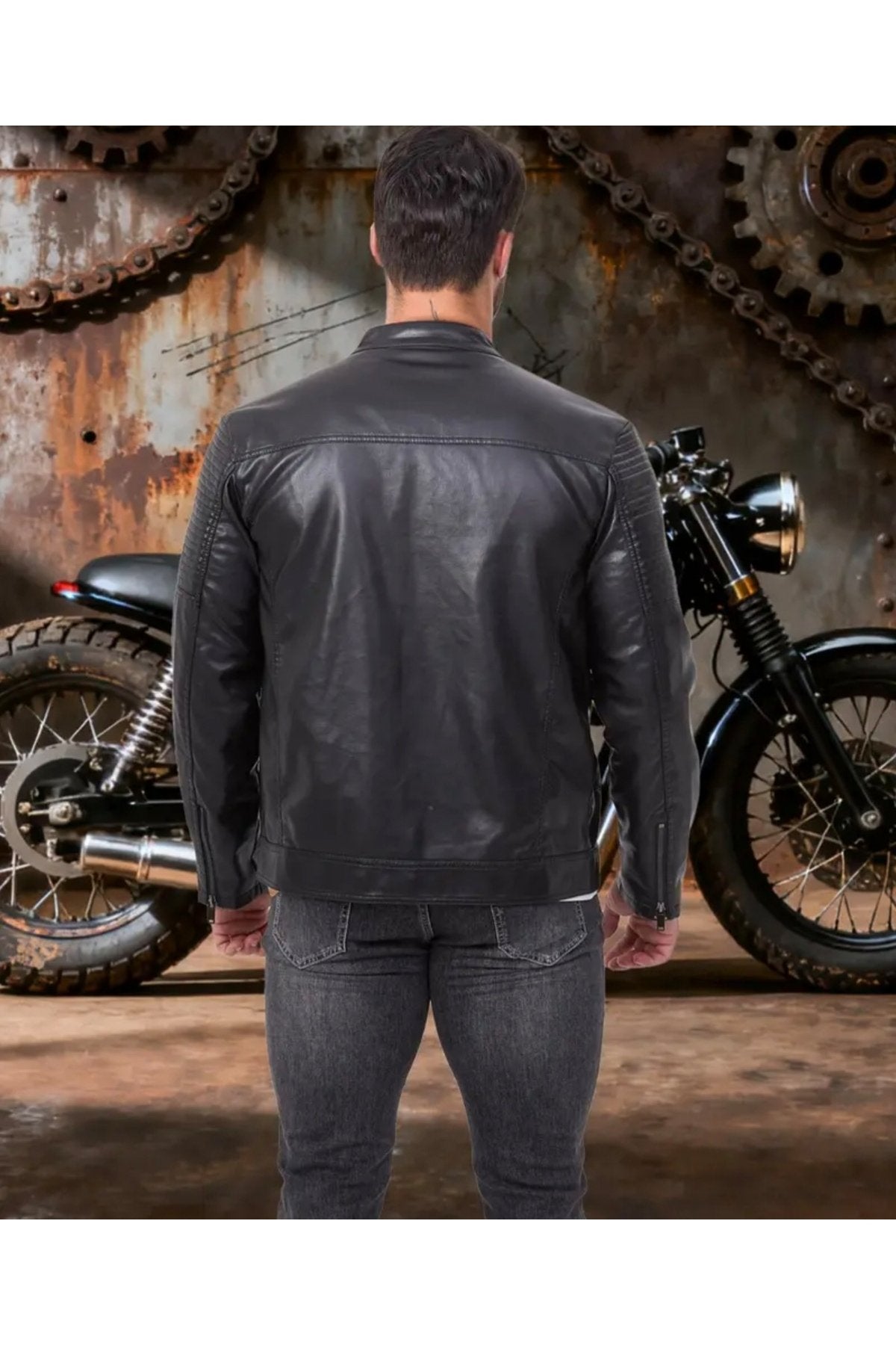 Omuzları ve Kolları Dikiş Detaylı Hakiki Kuzu Derisi Motorcu Mont