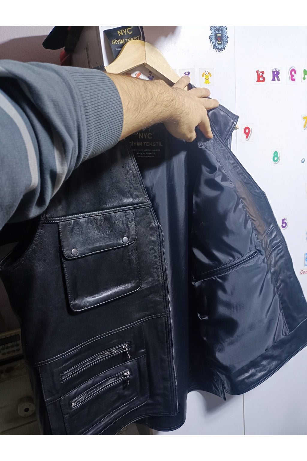 Hakiki Kuzu Derisi Avcı Yeleği siyah renk