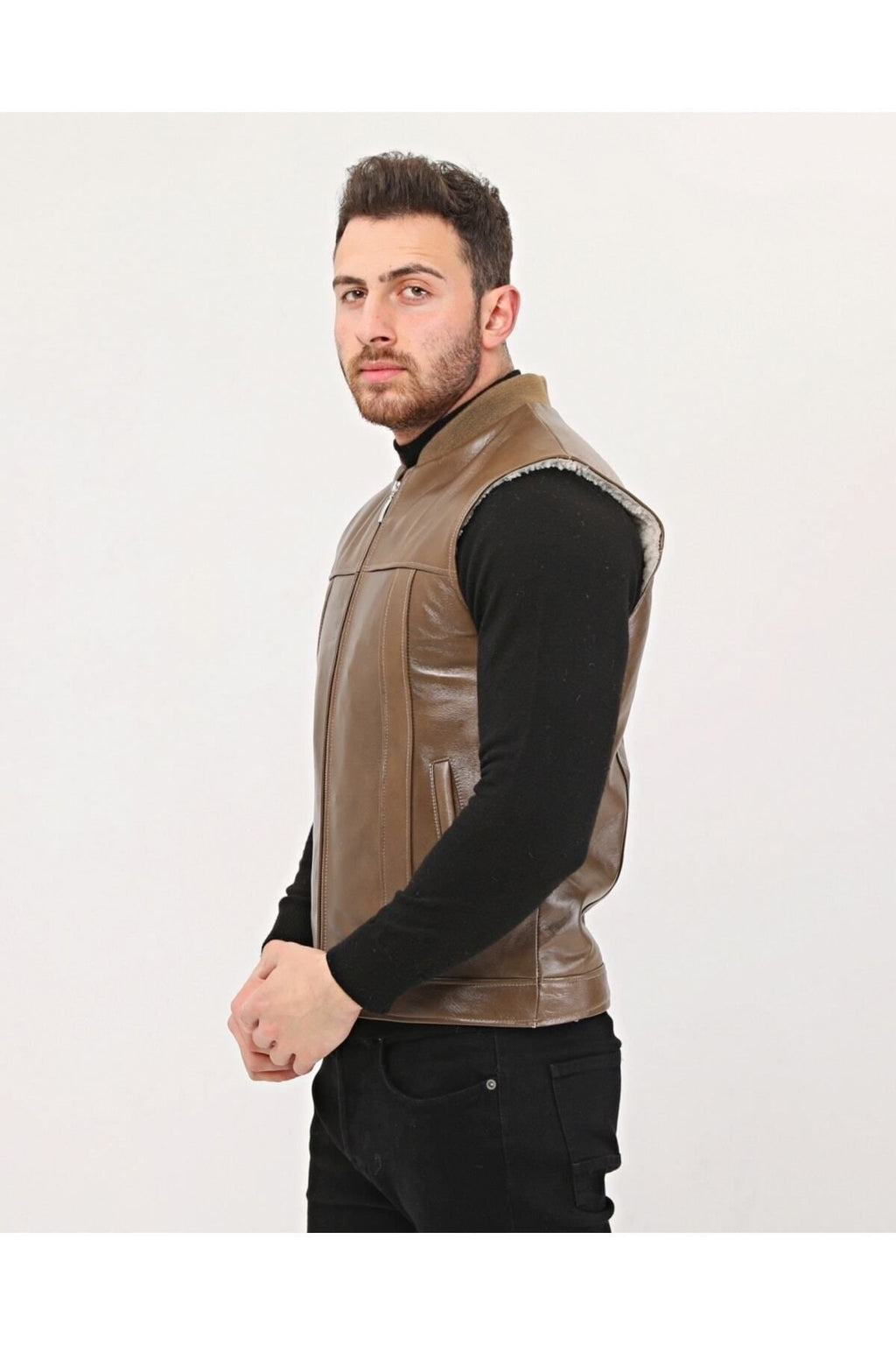 Hakiki Deri Bisiklet Yaka Içi Kürklü Yelek Kahve Renk