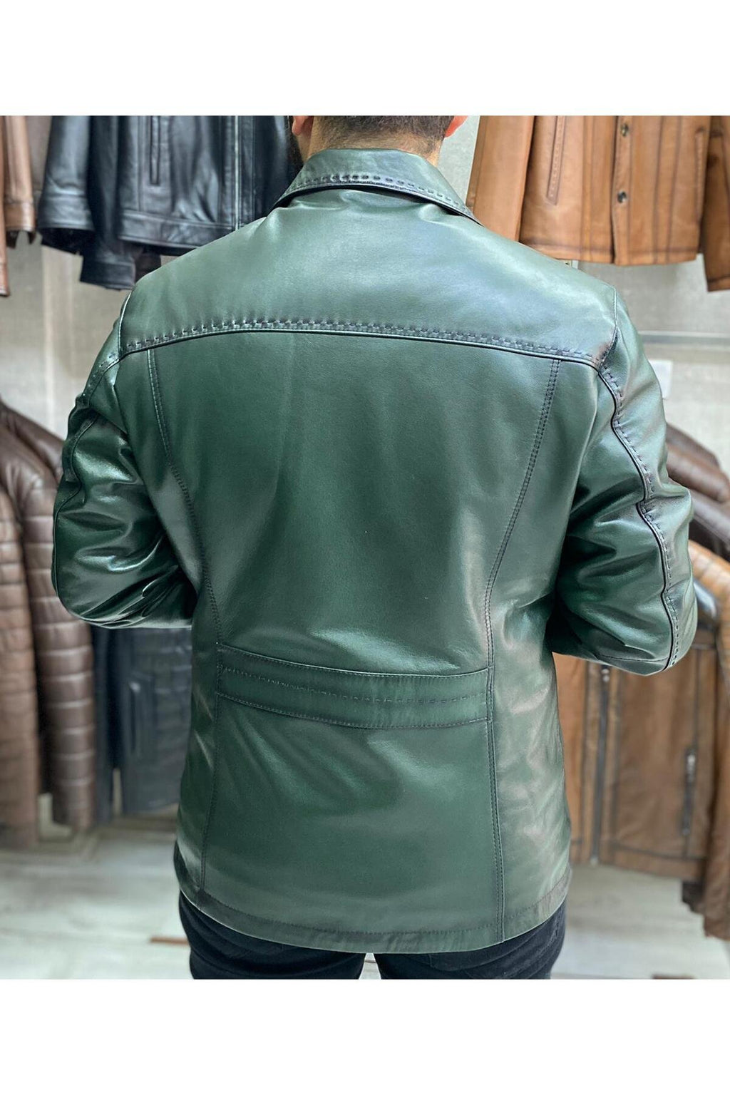 Yeşil Karartmalı Hakiki Deri Ceket Dar Kesim