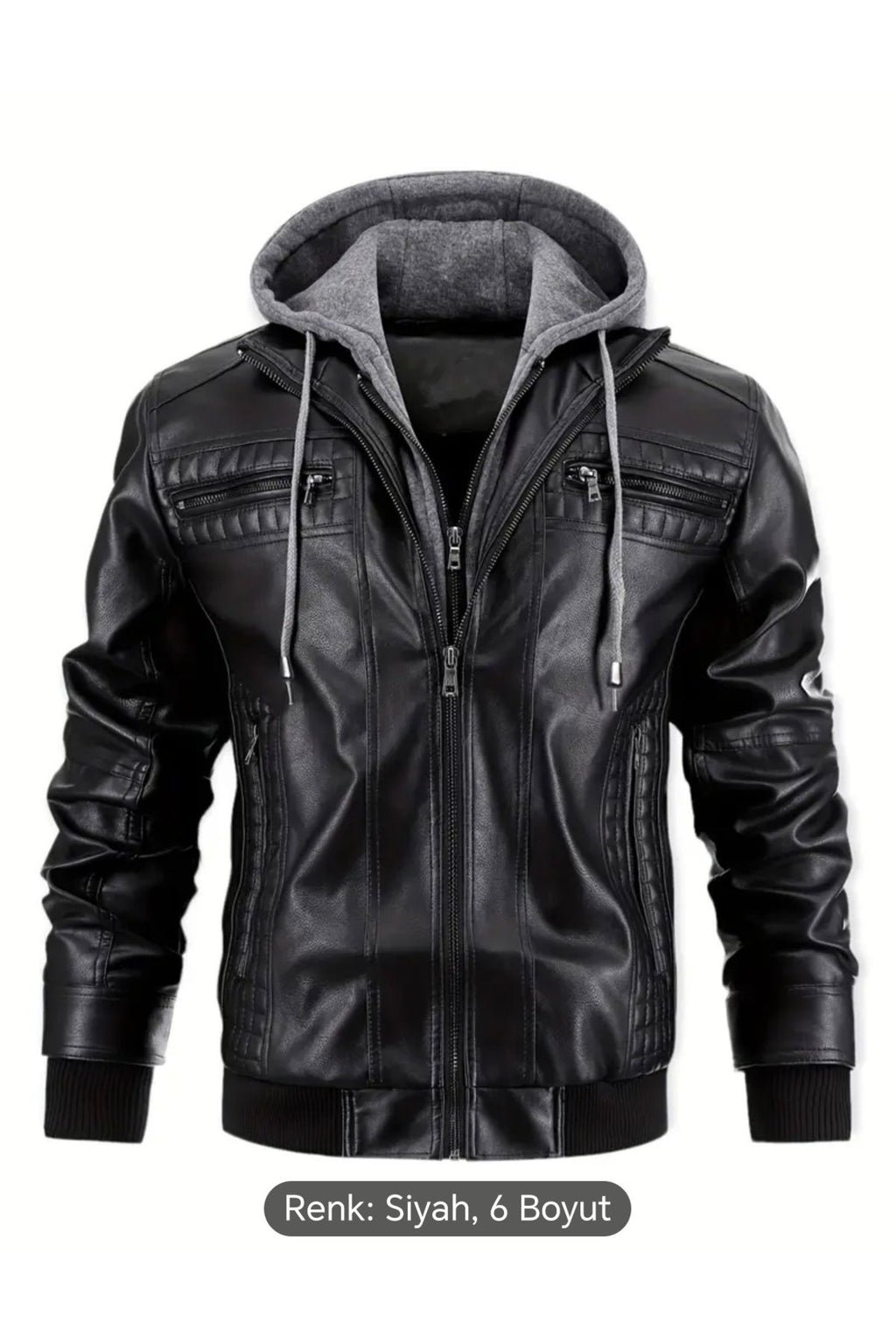 Kapüşonlu hakiki deri dikiş ve ribana detaylı mont