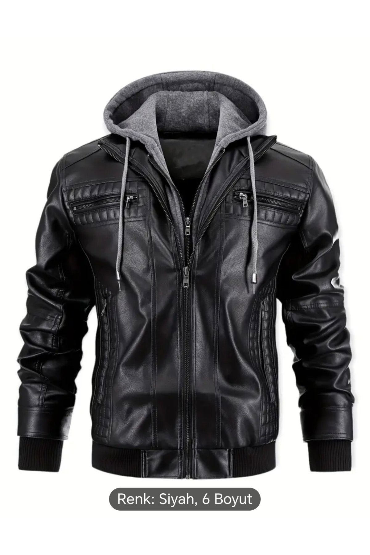 Kapüşonlu hakiki deri dikiş ve ribana detaylı mont