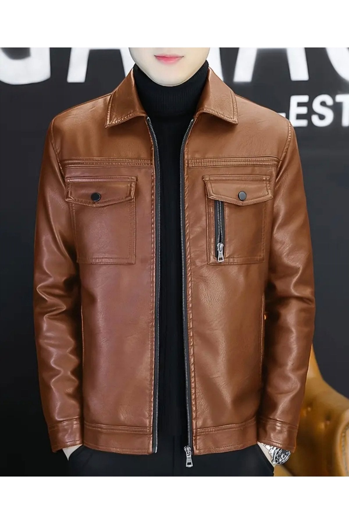 Gömlek Yaka ,Tam Fermuar Kapamalı, Cep Detaylı, Hakiki Kuzu Derisi Spor Ceket