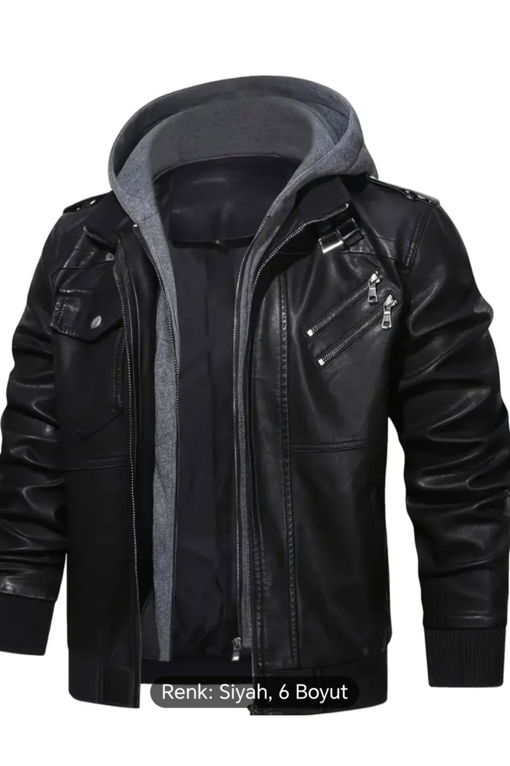 Kapüşonlu hakiki deri apolet ve fermuar detaylı mont