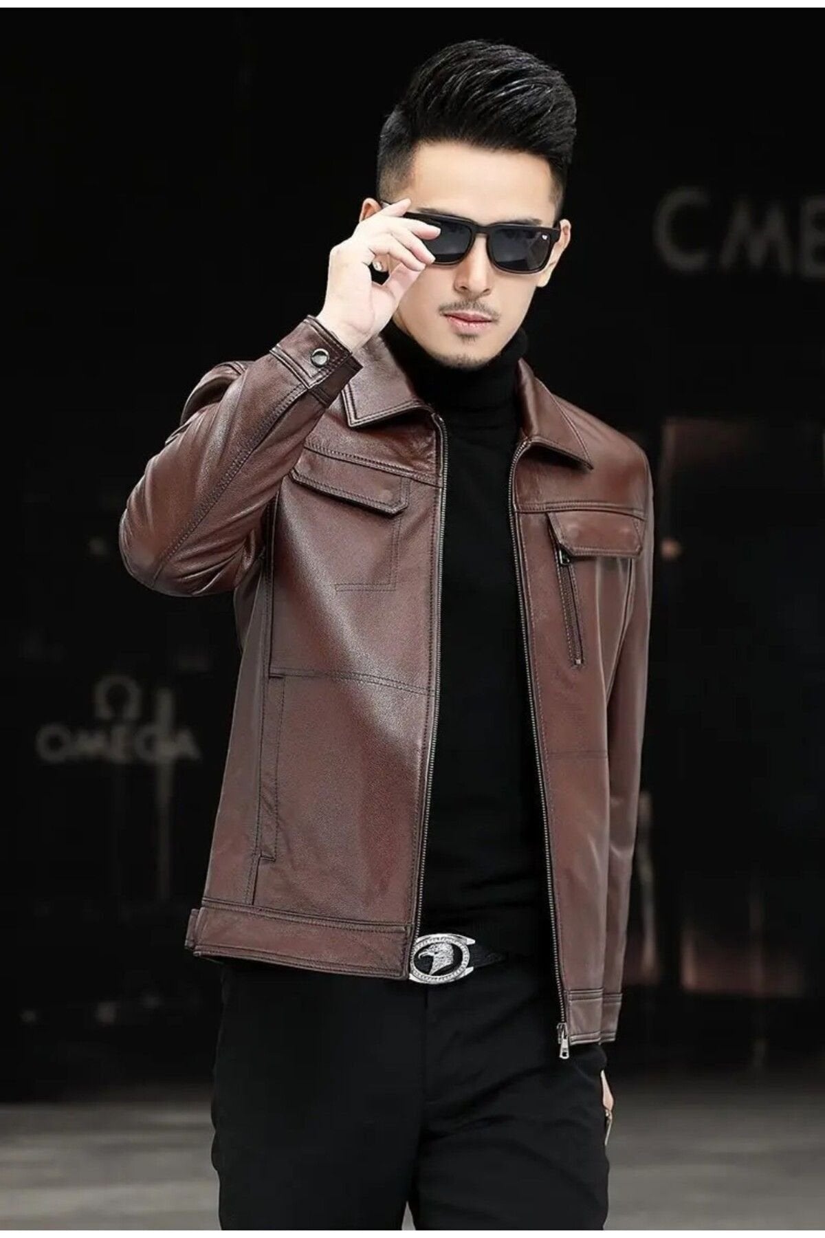 Hakiki deri ceket tarzı mont gömlek yaka