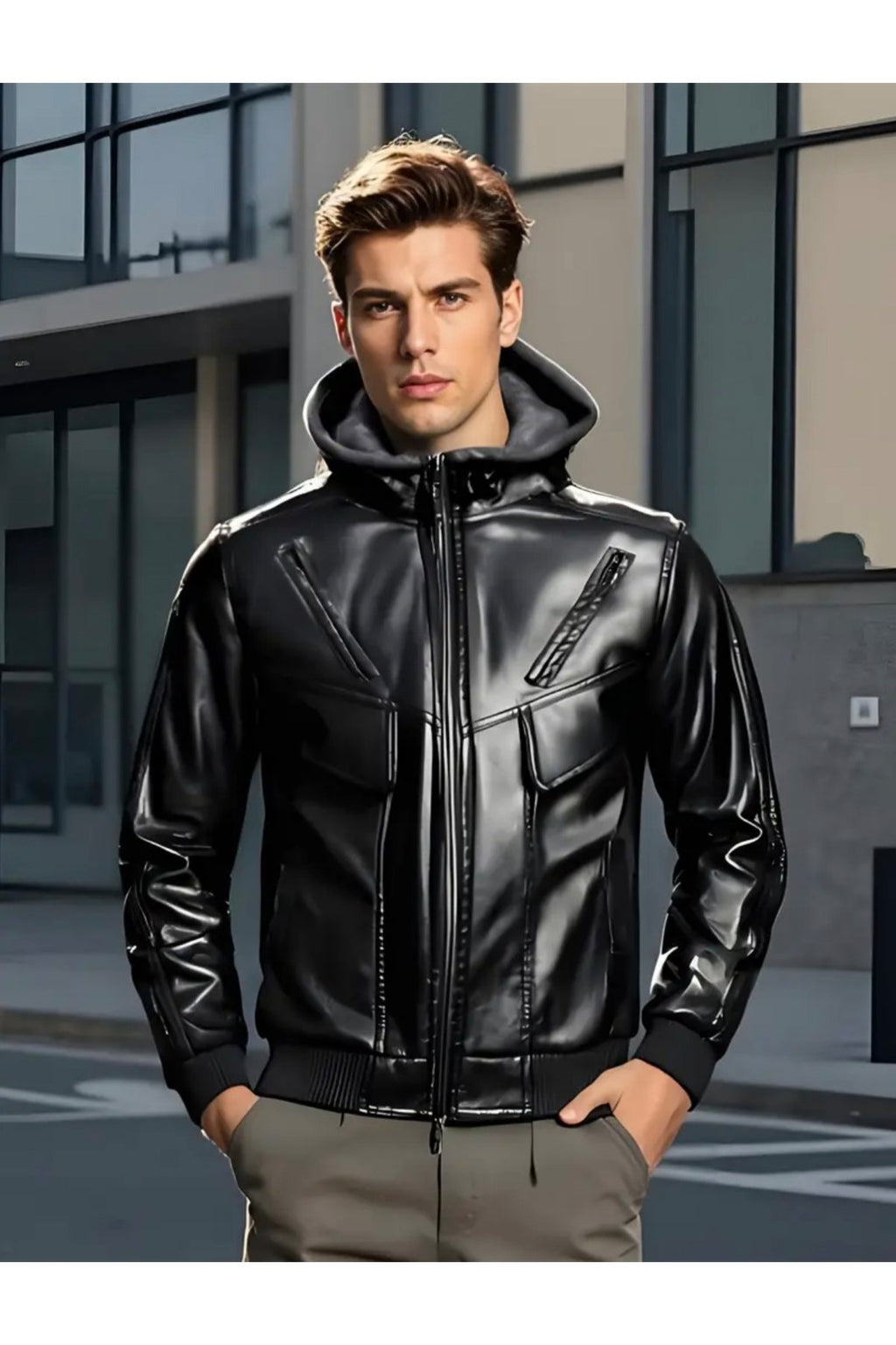 Kapüşonlu Hakiki Deri Kapak Süslü Mont Mat Veya Parlak Seçenekli