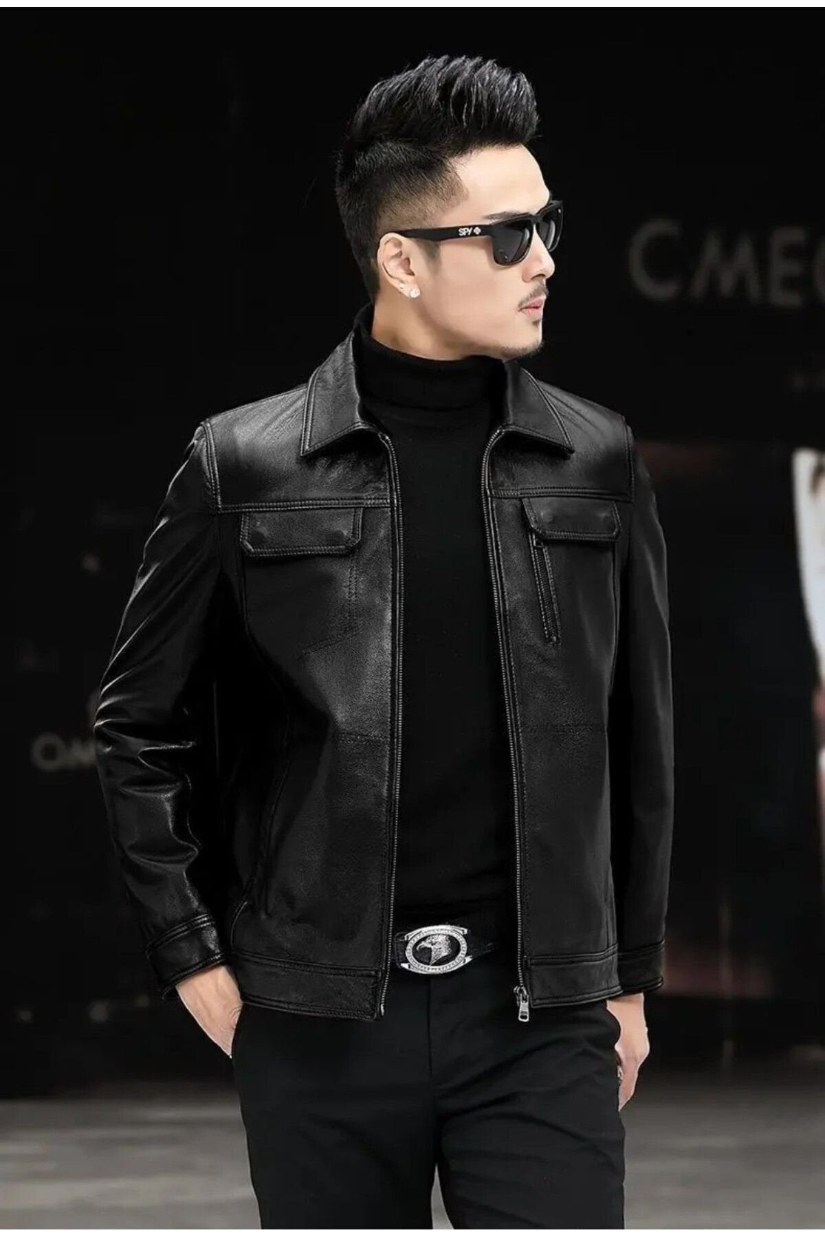 Hakiki deri ceket tarzı mont gömlek yaka