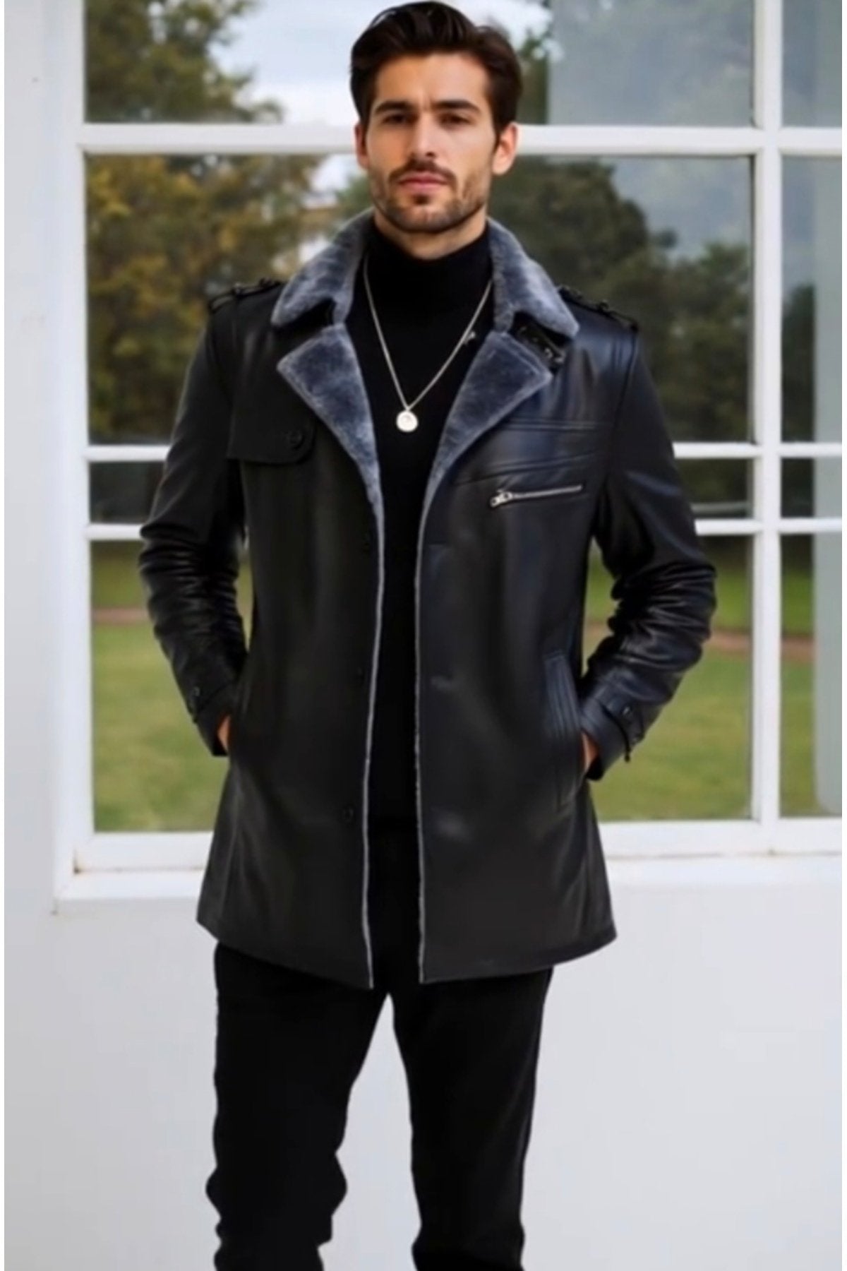 Apoletli Hakiki Koyun Derisi Uzun Kaban Kürklü ve Kürklü Yaka