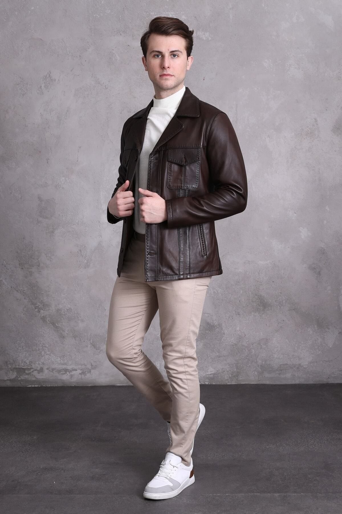 Hakiki Deri Ceket Karartmalı Koyu Kahve