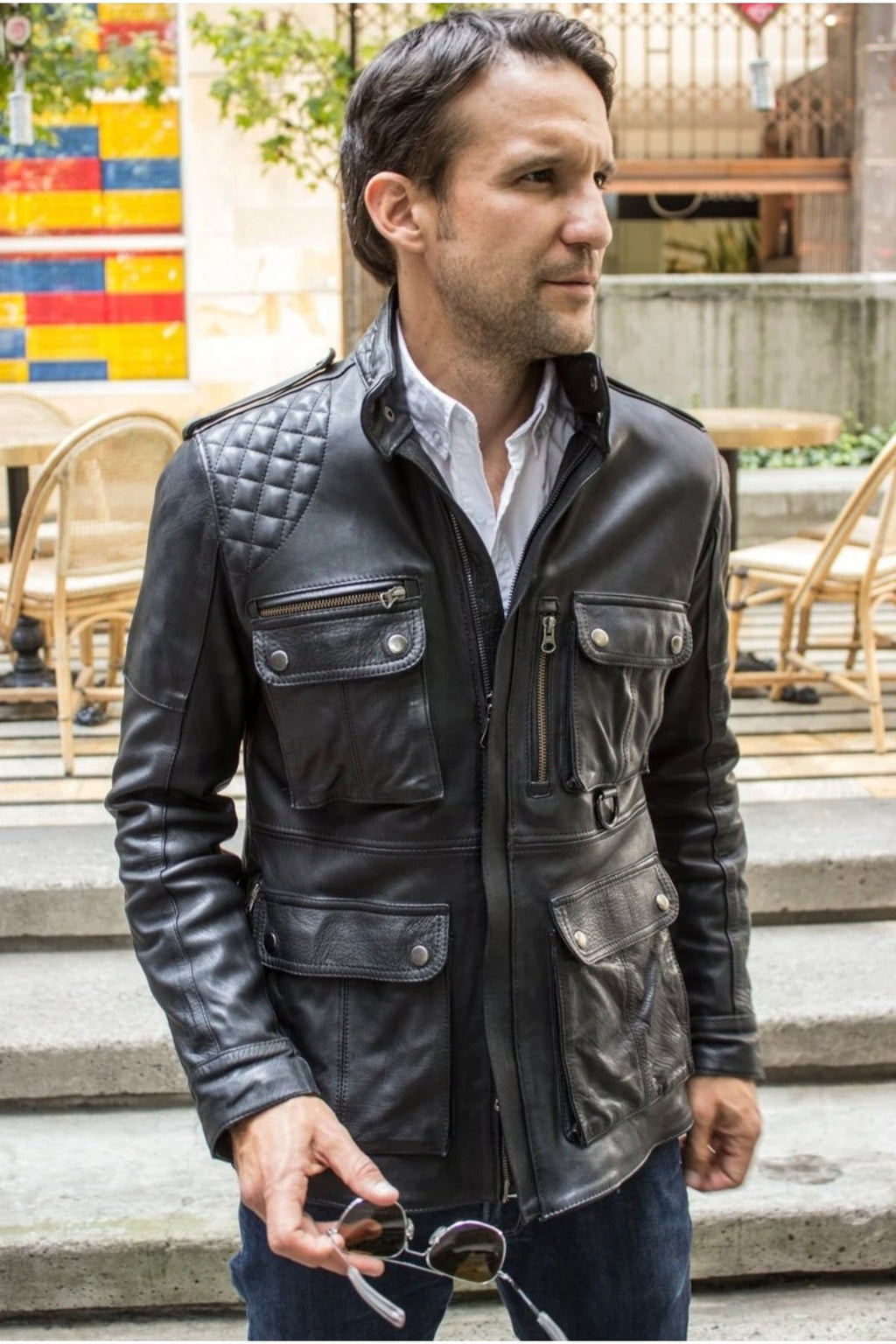 Uzun askeri tarzı ultra hakim yaka ve cep detaylı koyun derisi mont