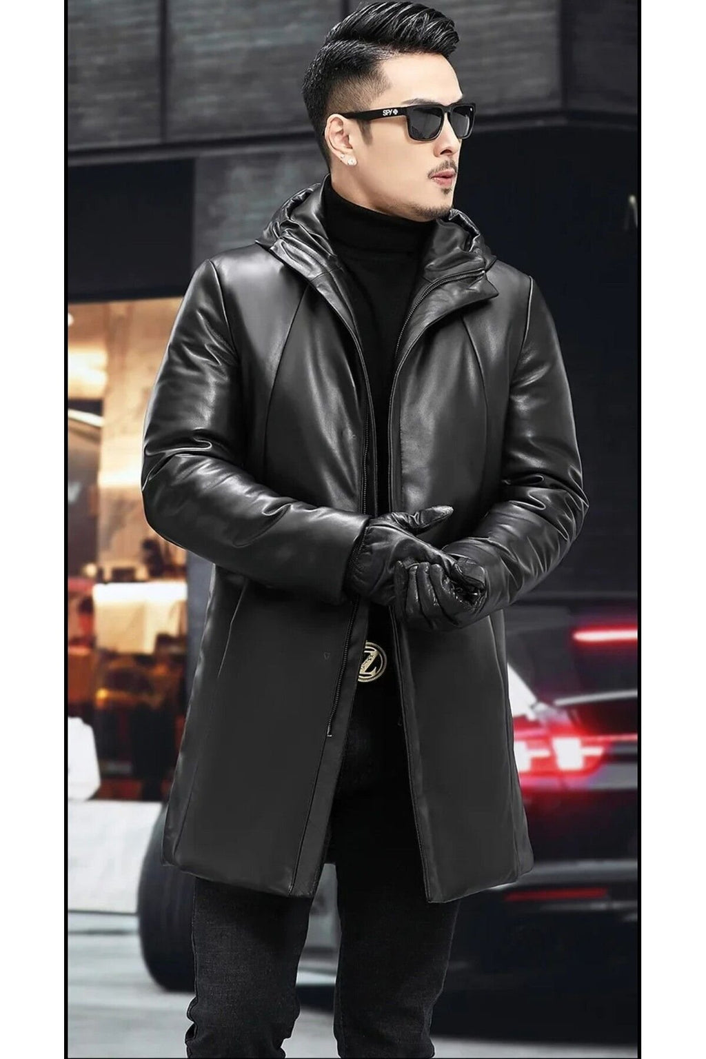 Hakiki Deri Orta Uzunlukta Kapüşonlu Mont Kaban