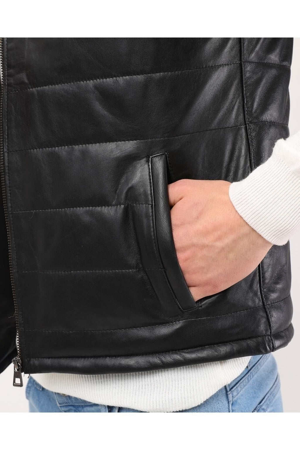 Hakiki Deri Şişme Yelek Hakim Yaka Siyah Renk