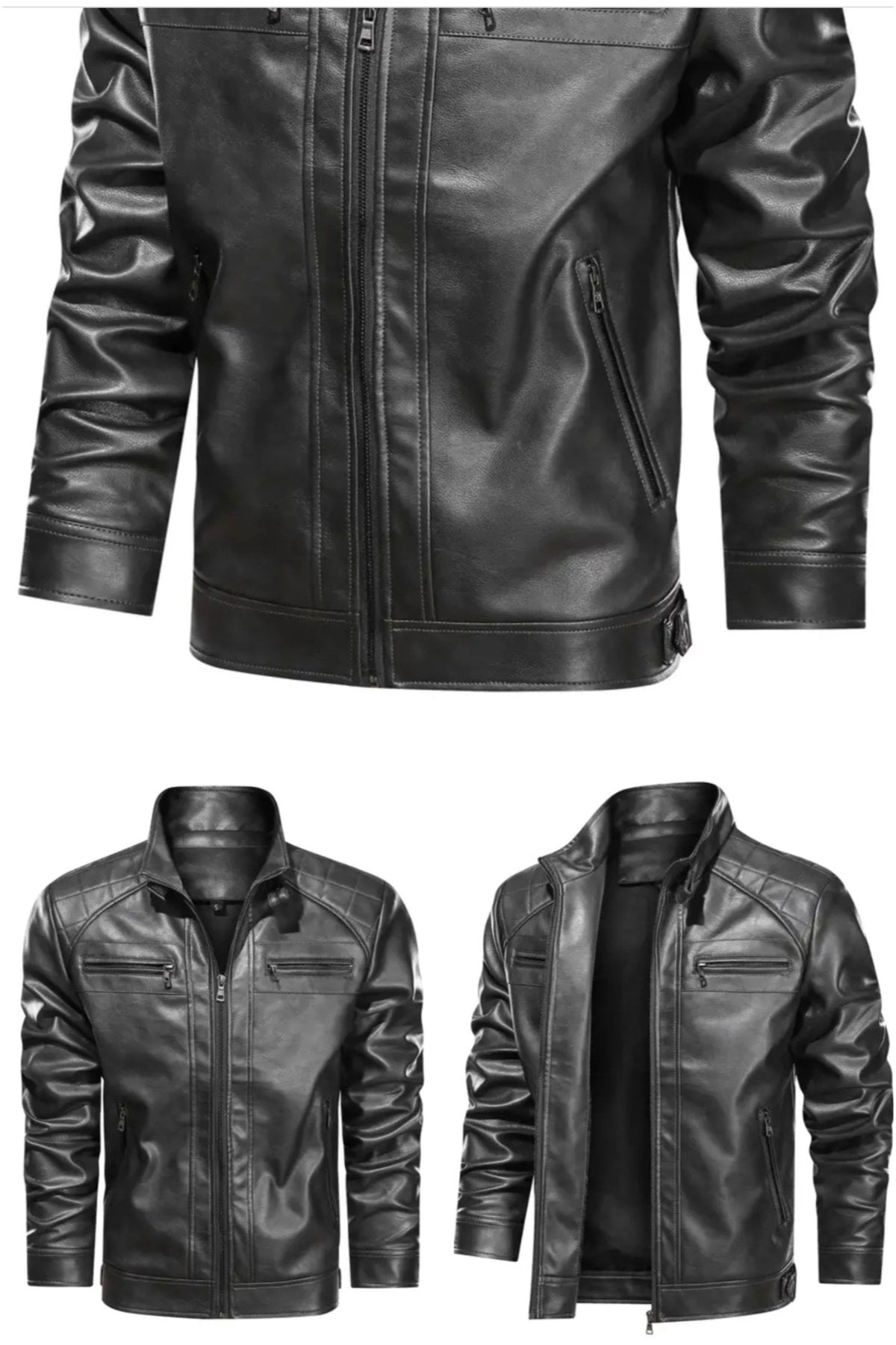 Omuzları Kapitone Dikiş Detaylı Hakim Yaka Hakiki Deri Mont