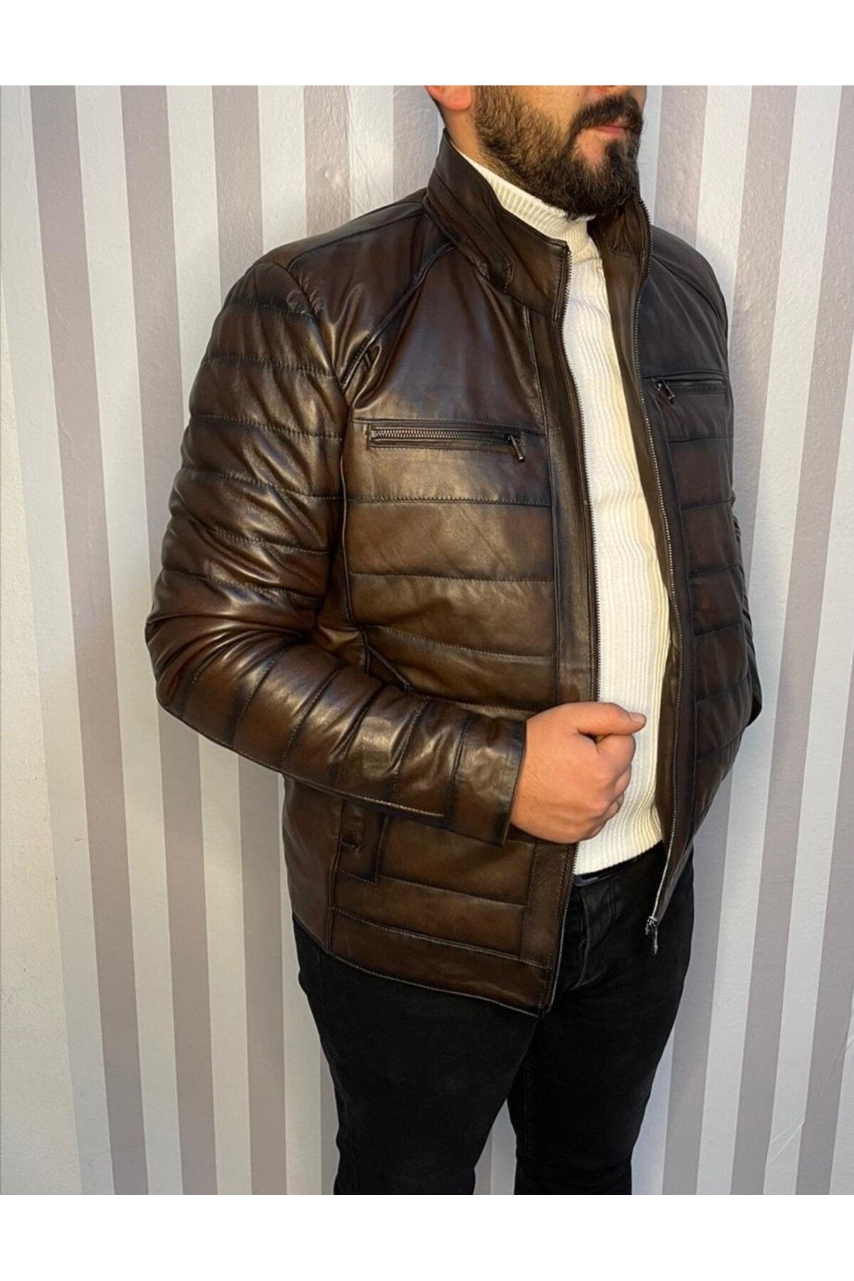 Şişme Hakiki Deri Mont Karartmalı Kahve