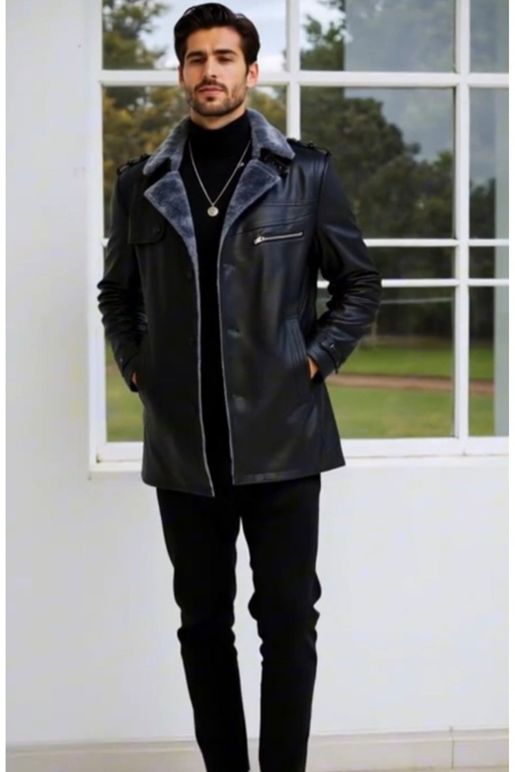 Apoletli Hakiki Koyun Derisi Uzun Kaban Kürklü ve Kürklü Yaka