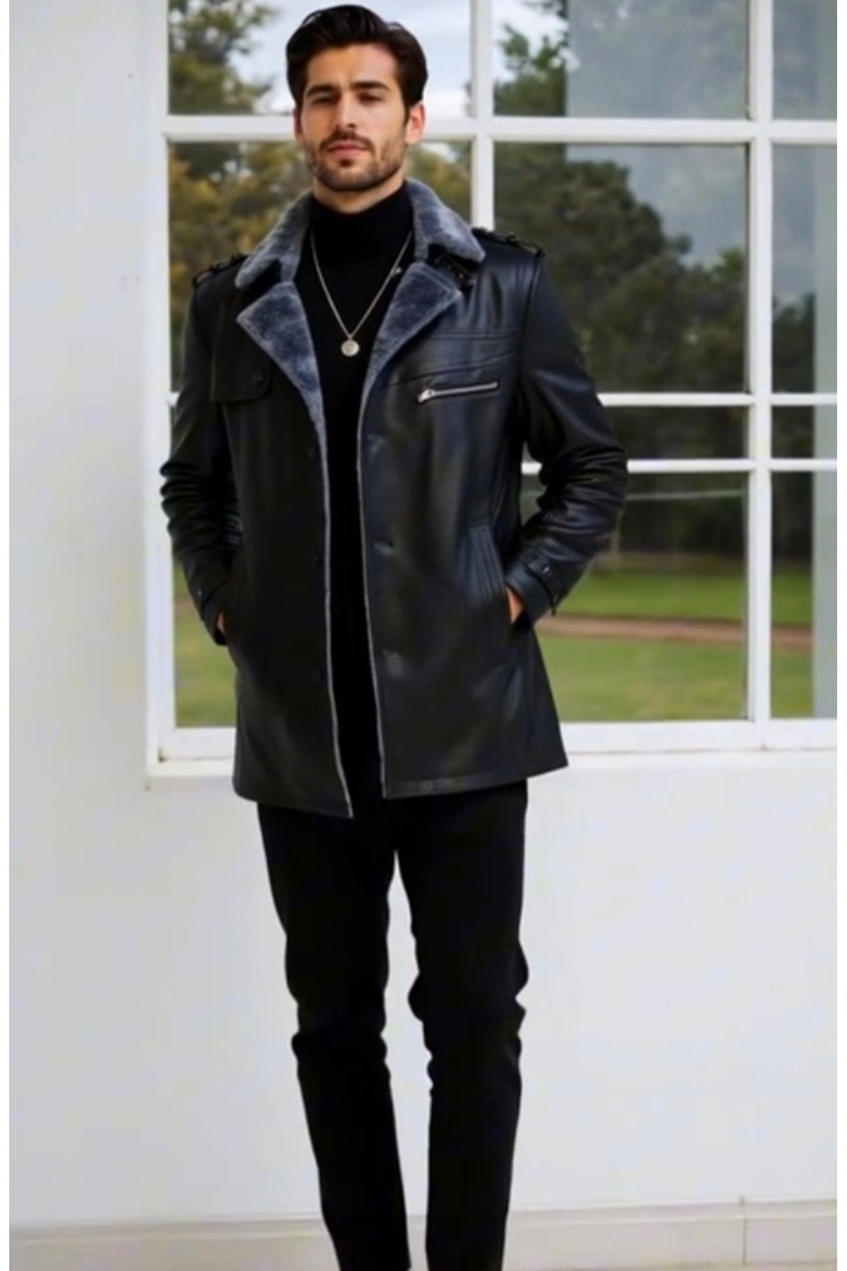 Apoletli Hakiki Koyun Derisi Uzun Kaban Kürklü ve Kürklü Yaka