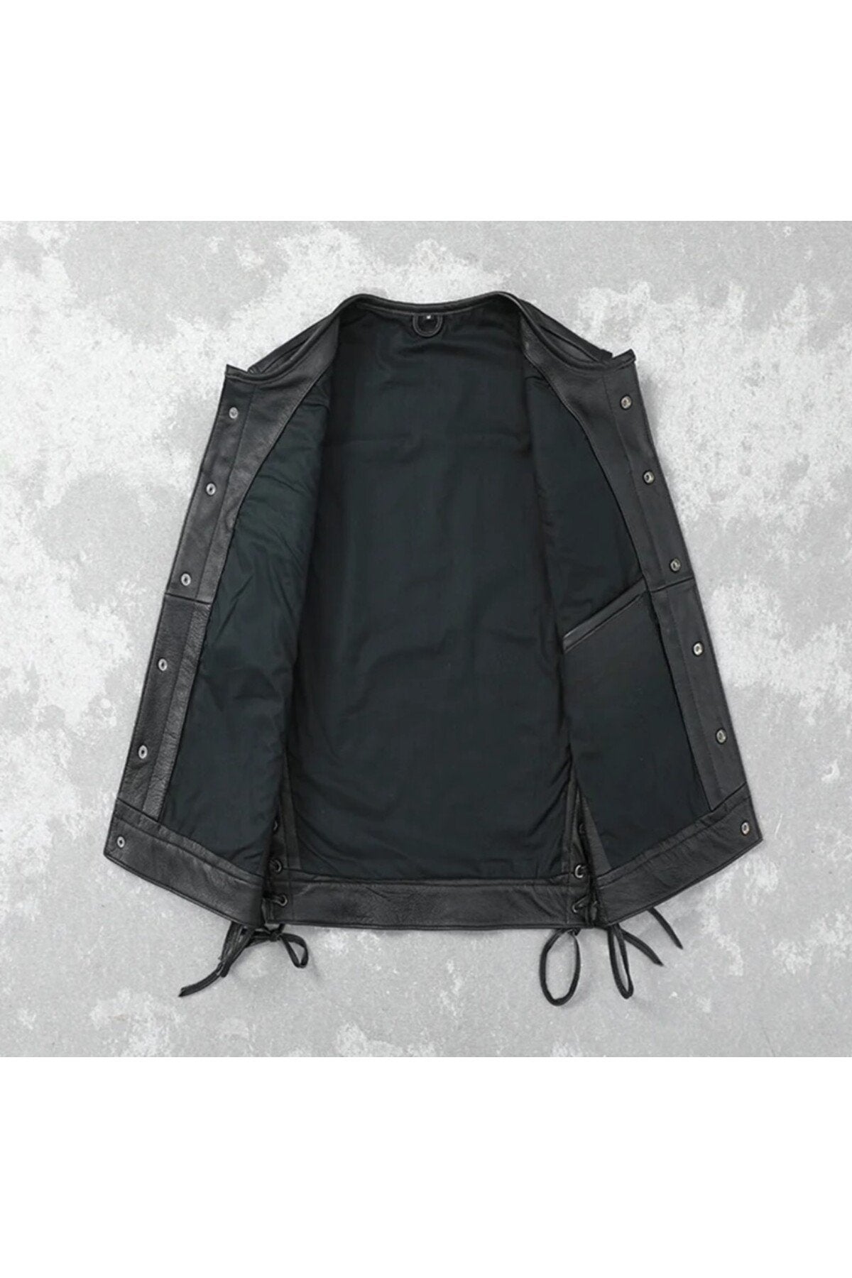 Yanları deri ip bağlamalı biker yelek hakiki deri