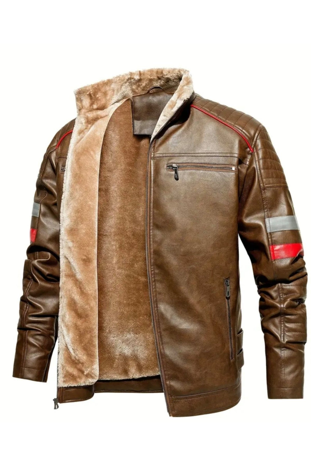 İçi Kürklü Kolları Yatay Kırmızı ve Gri Çizgili Mont